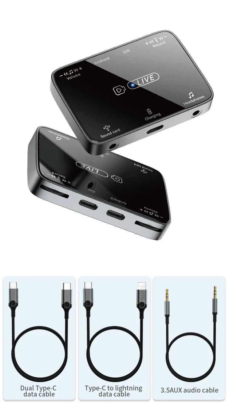 HKM-866323 2-in-1 Stereo Sound Card Converter for iPhone and Type-C Devices, Real-Time Charging and Live Streaming