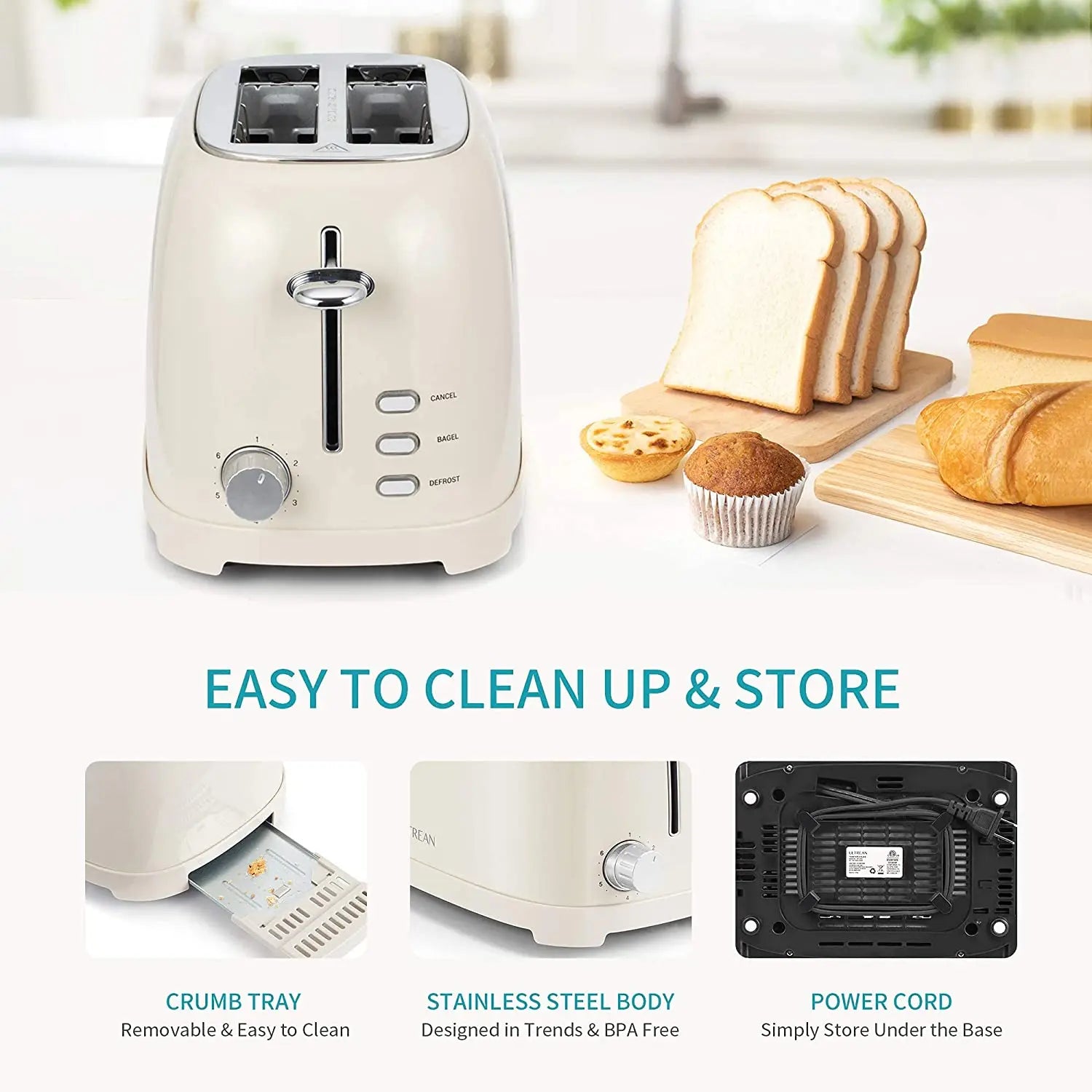 HKM-866323 Stainless Steel 2-Slice Retro Toaster for Waffles and Bread