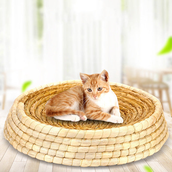 HKM-8663485 Natural Straw Cat Nest - Eco-Friendly Rattan Pet Litter Tray, 31cm Diameter