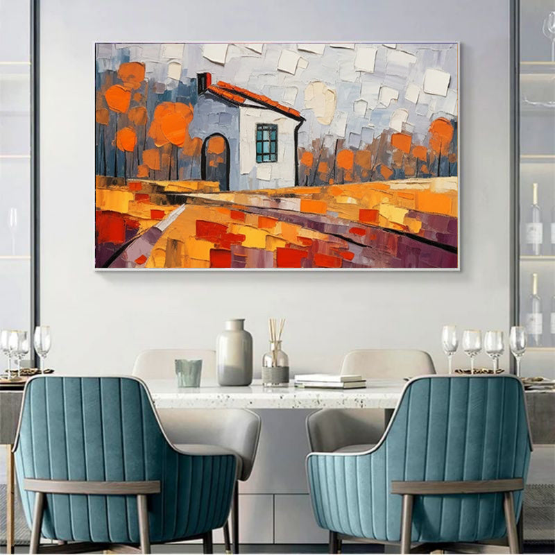 HKM-866515 Handmade Oil Painting of Rural Landscape on Canvas - Frameless Artwork for Living Room and Home Decor