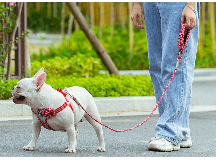 HKM-8667069 Floral Cotton Pet Dog Leash with Zinc Alloy Clips - Available in Blue and Red