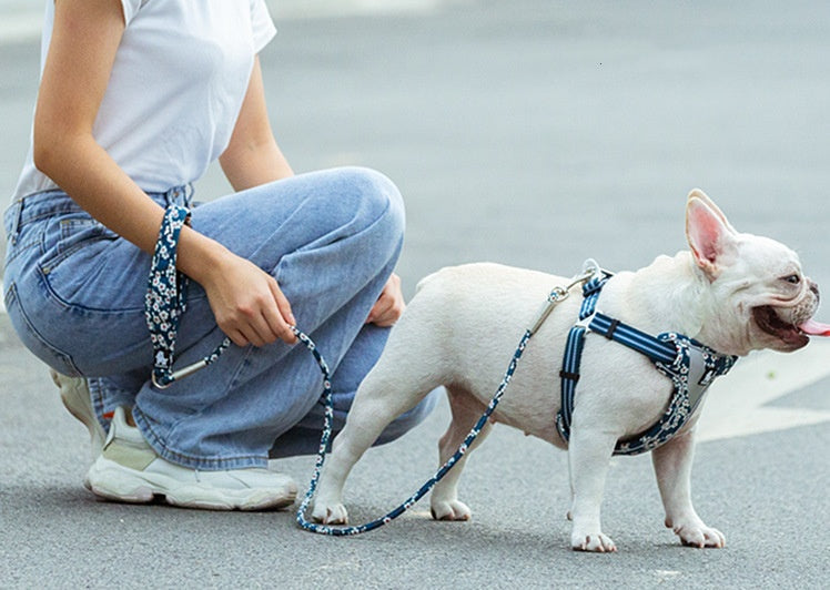 HKM-8667069 Floral Cotton Pet Dog Leash with Zinc Alloy Clips - Available in Blue and Red
