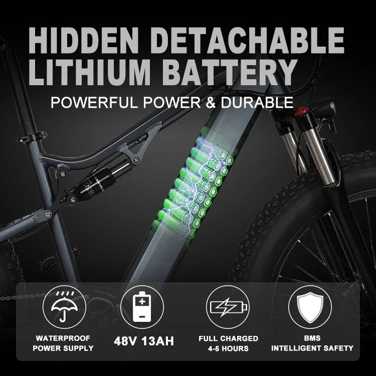 HKM-866899 Electric Mountain Bike with Full Suspension and 26 Inch Wheels - 9 Speed, 60-70 Nm Torque, LCD Display, Lithium Battery
