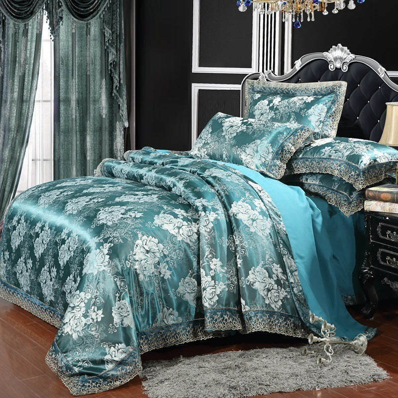 HKM-866899 Satin Jacquard Three-Piece Fitted Sheet Set with Duvet Cover and Pillowcases
