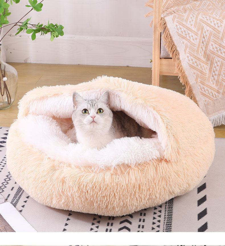 HKM-8675261 Plush Round Semi-Enclosed Pet Bed for Cats - Available in Various Sizes and Colors