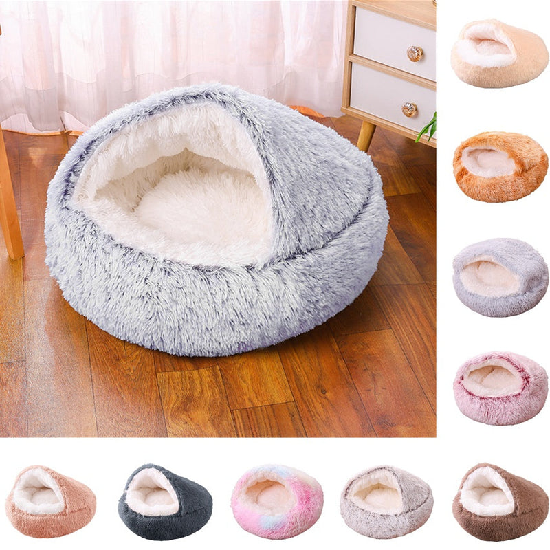 HKM-8675261 Plush Round Semi-Enclosed Pet Bed for Cats - Available in Various Sizes and Colors