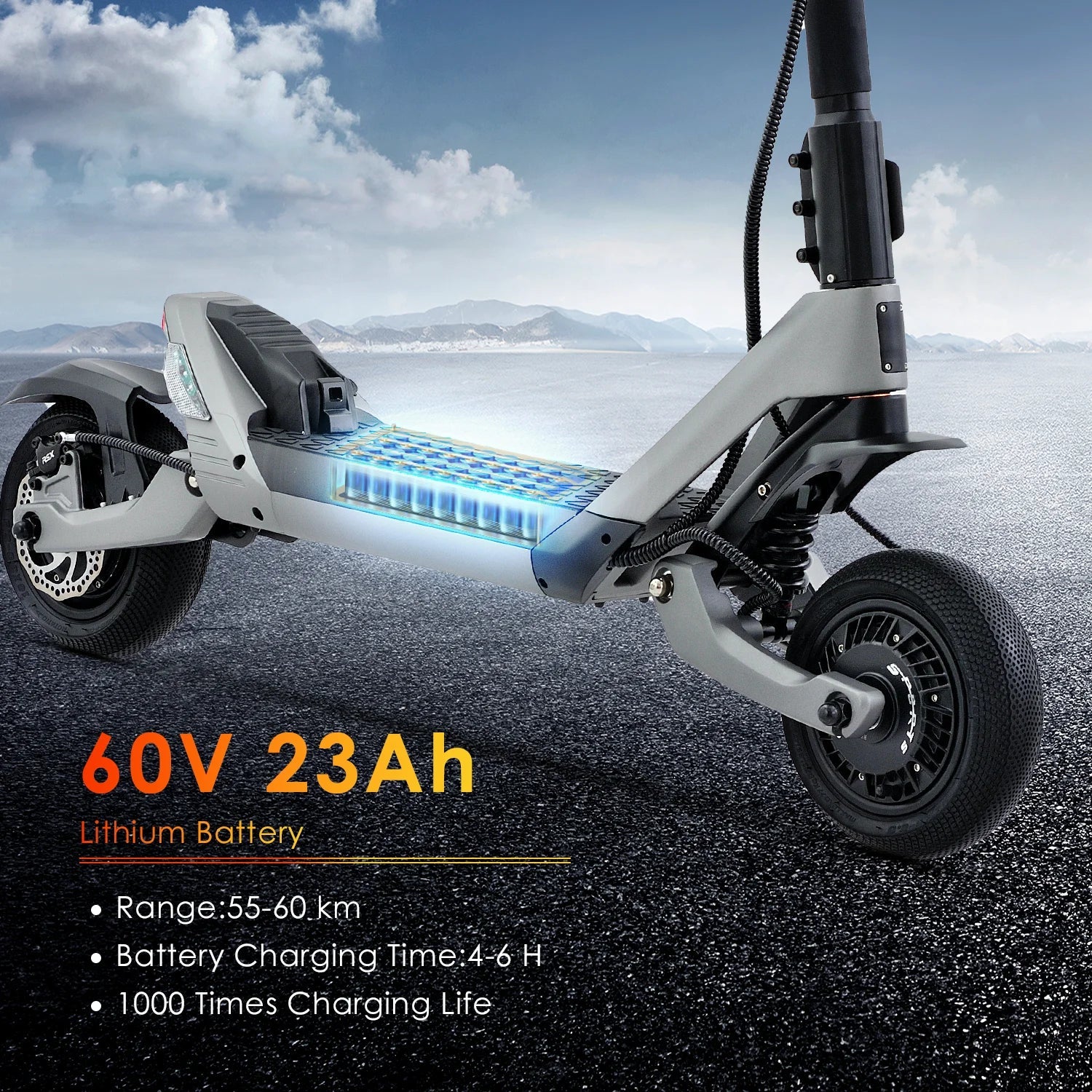HKM-867923 60V Electric Scooter with Foldable Aluminum Frame, 3200W Dual Drive, 10-Inch Off-Road Tires and LED Display