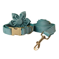 HKM-8680765 Lake Green Velvet Flannel Dog Collar Set with Gold Buckles, Bow and Flower Accessories - Available in Sizes S to XL