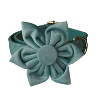 HKM-8680765 Lake Green Velvet Flannel Dog Collar Set with Gold Buckles, Bow and Flower Accessories - Available in Sizes S to XL
