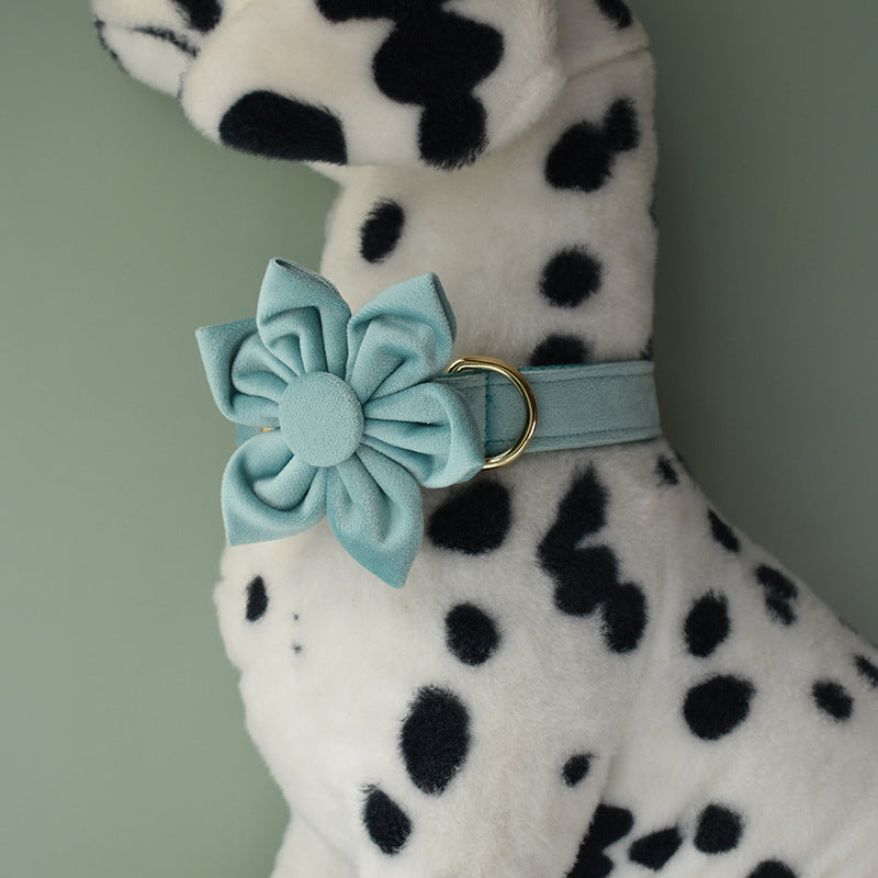 HKM-8680765 Lake Green Velvet Flannel Dog Collar Set with Gold Buckles, Bow and Flower Accessories - Available in Sizes S to XL