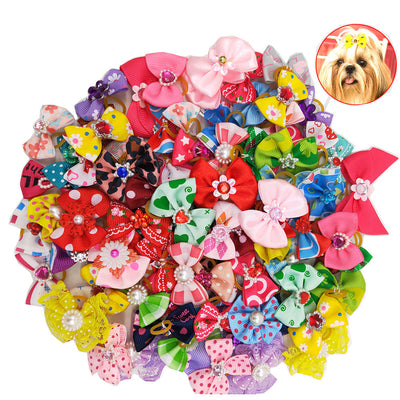 HKM-8683581 Pet Bow Head Flower Rubber Bands for Dogs - 50pcs Colorful Accessories