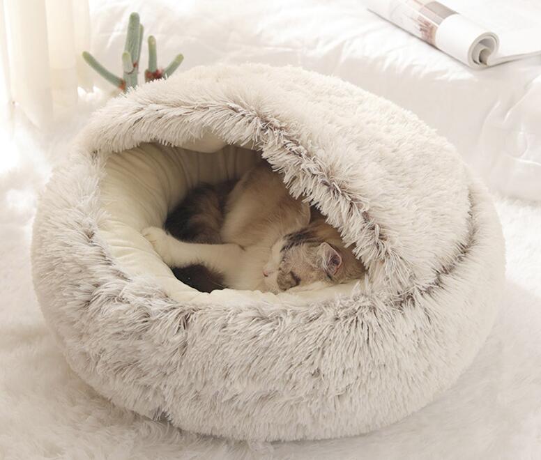 HKM-8688573 Cat's Nest with Plush Velvet and Oxford Bottom - Semi-Enclosed Design in Grey, Pink, Brown