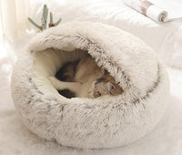 HKM-8688573 Cat's Nest with Plush Velvet and Oxford Bottom - Semi-Enclosed Design in Grey, Pink, Brown