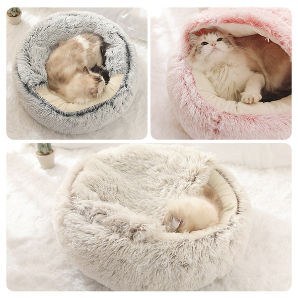HKM-8688573 Cat's Nest with Plush Velvet and Oxford Bottom - Semi-Enclosed Design in Grey, Pink, Brown