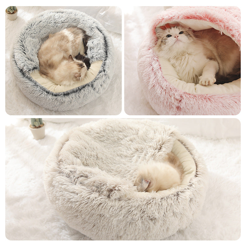 HKM-8688573 Cat's Nest with Plush Velvet and Oxford Bottom - Semi-Enclosed Design in Grey, Pink, Brown