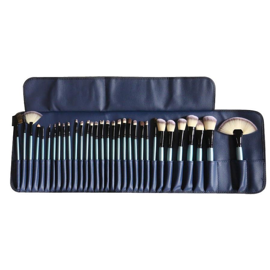 HKM-868947 32-Piece Blue Makeup Brush Set with Man-Made Fiber and Horse Hair, Wooden Handles