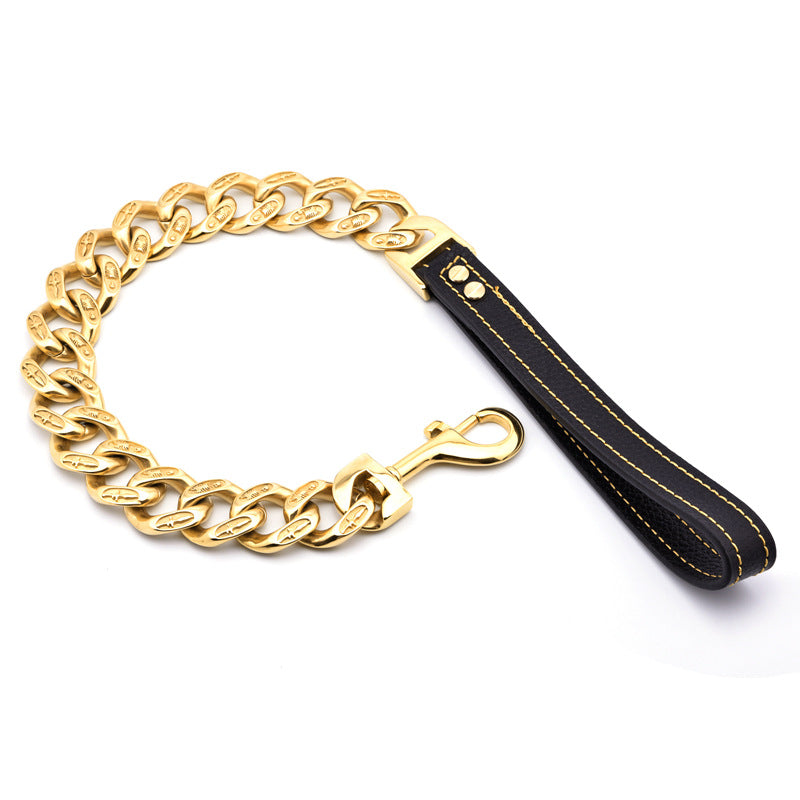 HKM-8694077 Stainless Steel Thick Dog Leash in Gold and White - 32MM Width, Multiple Lengths Available