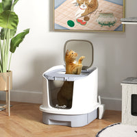 HKM-8695741 Gray Covered Cat Litter Box with Lid, Easy Clean Drawer, Deodorizing Bags, Top Entry Design