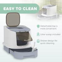 HKM-8695741 Gray Covered Cat Litter Box with Lid, Easy Clean Drawer, Deodorizing Bags, Top Entry Design