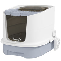 HKM-8695741 Gray Covered Cat Litter Box with Lid, Easy Clean Drawer, Deodorizing Bags, Top Entry Design