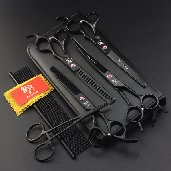 HKM-8701629 Professional Pet Grooming Scissors Set - Straight, Curved, and Tooth Scissors with Comb and Forceps, Stainless Steel, 7.0-inch & 6.5-inch