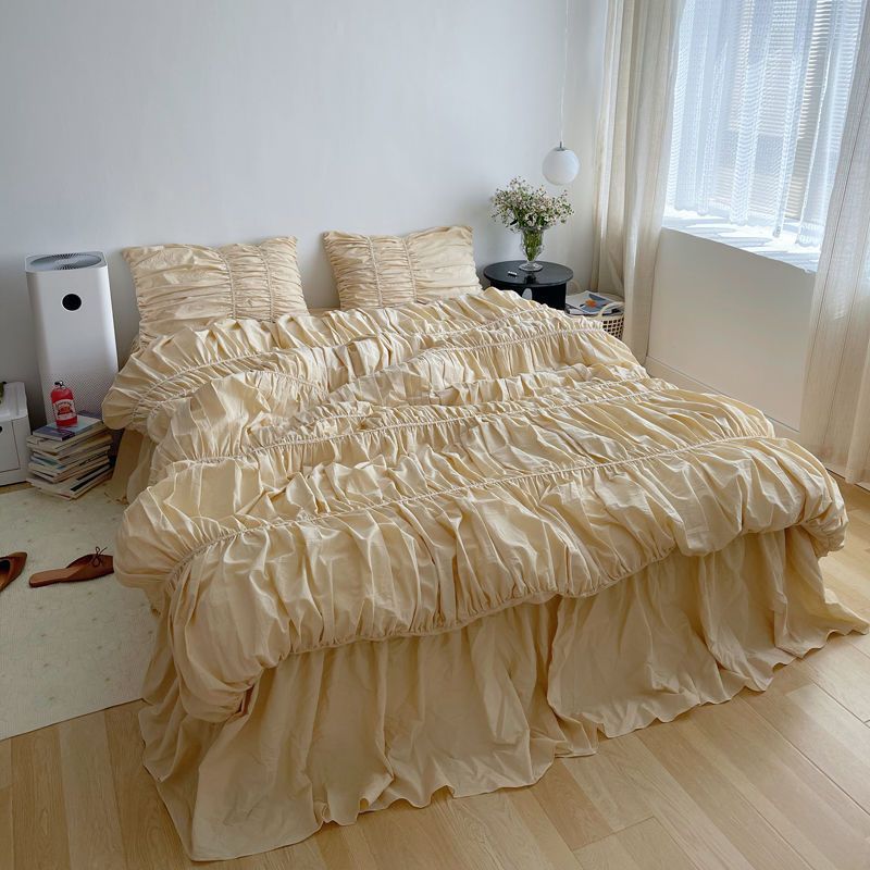 HKM-870355 Handmade Bubble Pleated Cotton Bedding Set - Four Pieces with Bed Skirt