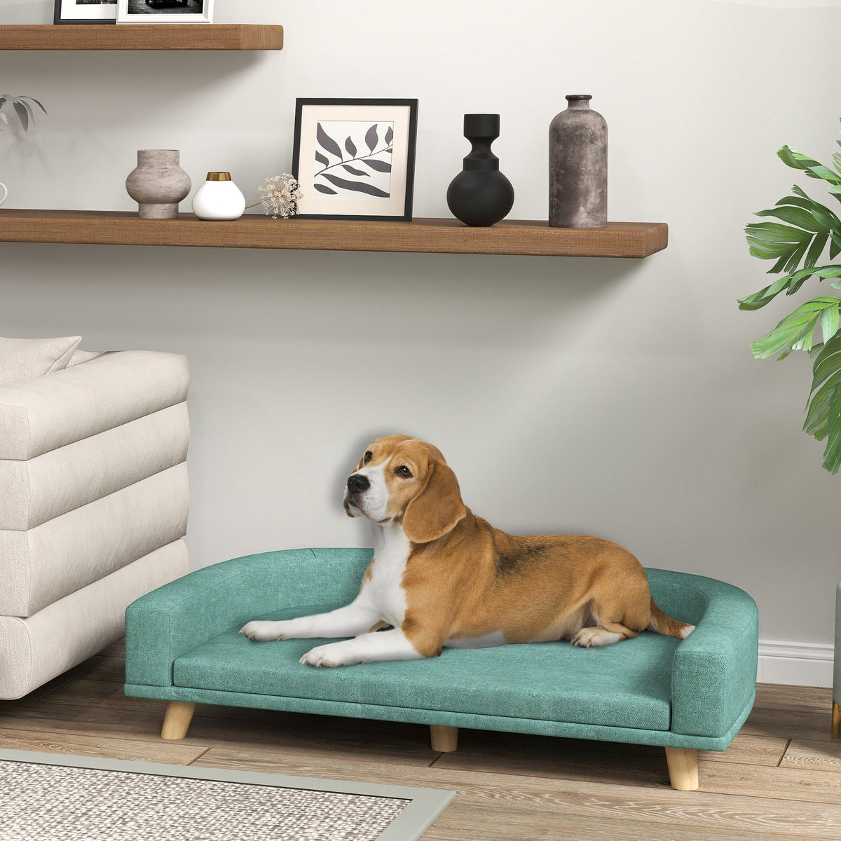 HKM-8704445 Large Dog Sofa Couch Bed with Washable Cushion, Light Green, Elevated Design for Comfort