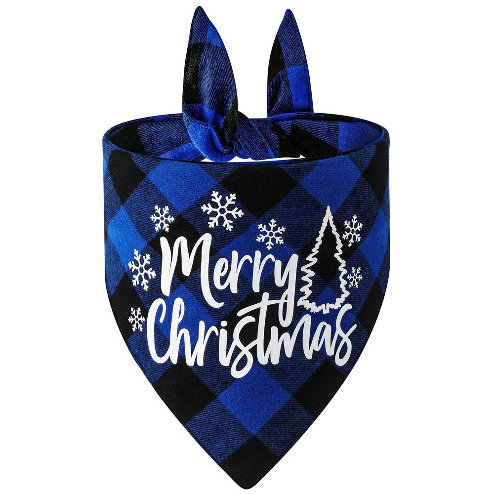 HKM-8706365 Cotton Plaid Christmas Pet Triangle Scarf with Santa and Snowman Design, 65x45x45cm