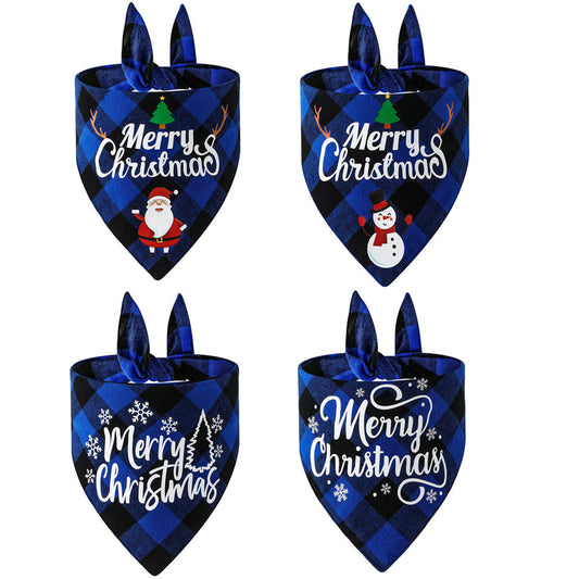HKM-8706365 Cotton Plaid Christmas Pet Triangle Scarf with Santa and Snowman Design, 65x45x45cm