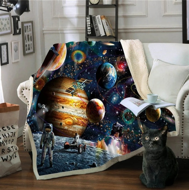 HKM-870803 Plush Sloth Blanket for Bed - Cartoon Animal Sherpa Fleece and Soft Crystal Velvet, Outer Space Design