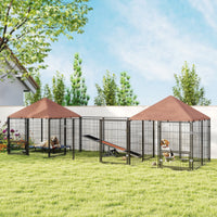 HKM-8709437 Large Outdoor Dog Kennel with Two Rooms, Adjustable Height Bowls, Waterproof Canopy