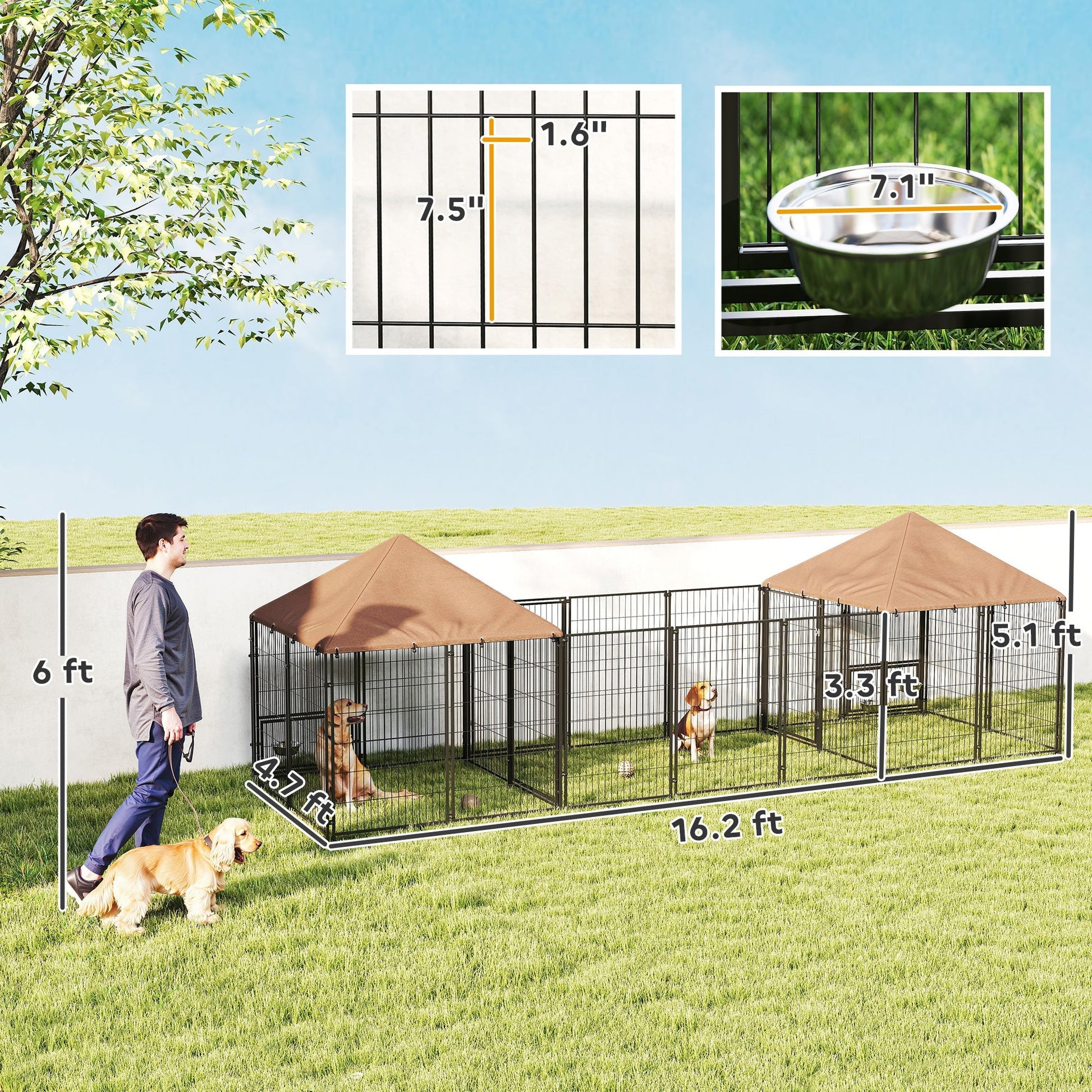 HKM-8709437 Large Outdoor Dog Kennel with Two Rooms, Adjustable Height Bowls, Waterproof Canopy