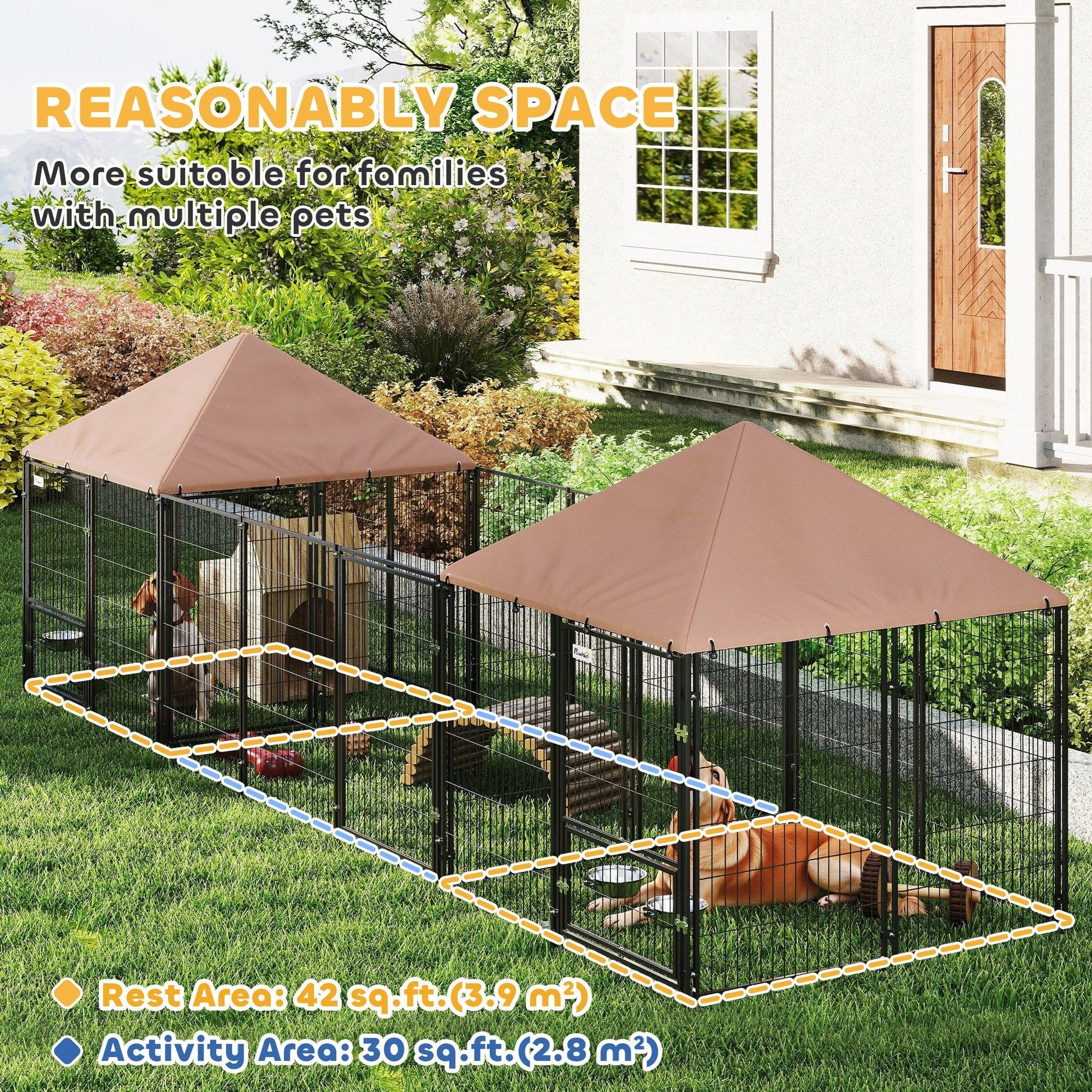 HKM-8709437 Large Outdoor Dog Kennel with Two Rooms, Adjustable Height Bowls, Waterproof Canopy