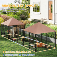 HKM-8709437 Large Outdoor Dog Kennel with Two Rooms, Adjustable Height Bowls, Waterproof Canopy