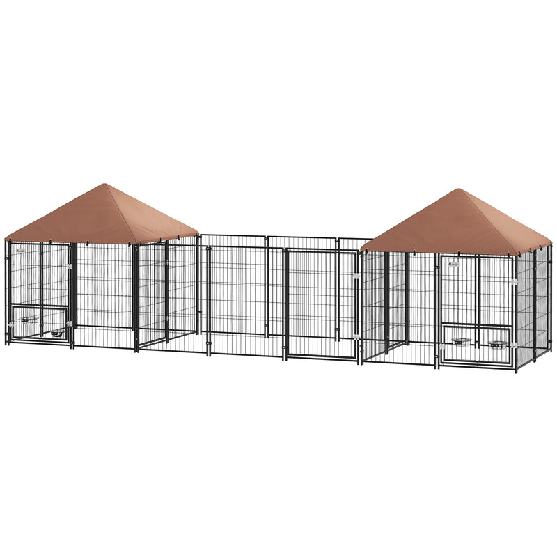 HKM-8709437 Large Outdoor Dog Kennel with Two Rooms, Adjustable Height Bowls, Waterproof Canopy