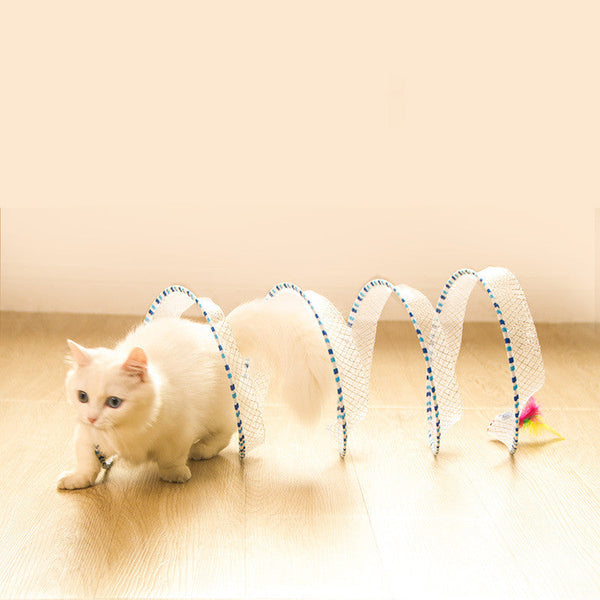 HKM-8710845 Foldable Cat Tunnel Toy in Blue and Yellow - Steel Wire, Elastic Mesh, and Feather Design, 65cm Long, 25cm Diameter