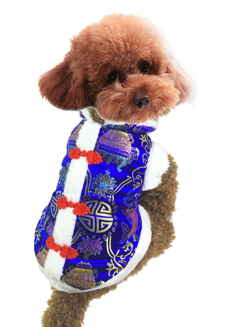 HKM-8715965 Silk Tang Suits for Pets - Cozy Autumn and Winter Wear in Sapphire Blue and Festive Red