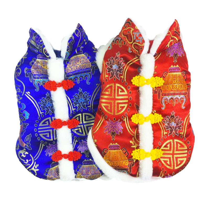 HKM-8715965 Silk Tang Suits for Pets - Cozy Autumn and Winter Wear in Sapphire Blue and Festive Red