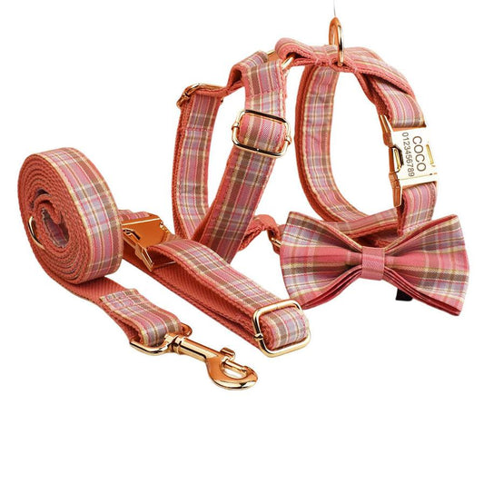 HKM-871891 Plaid Pet Collar and Leash Set with Bow - Perfect for Weddings and Special Occasions