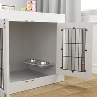HKM-8720957 White Dog Crate Furniture with Removable Elevated Bowls and Dual Access Doors for Medium Dogs