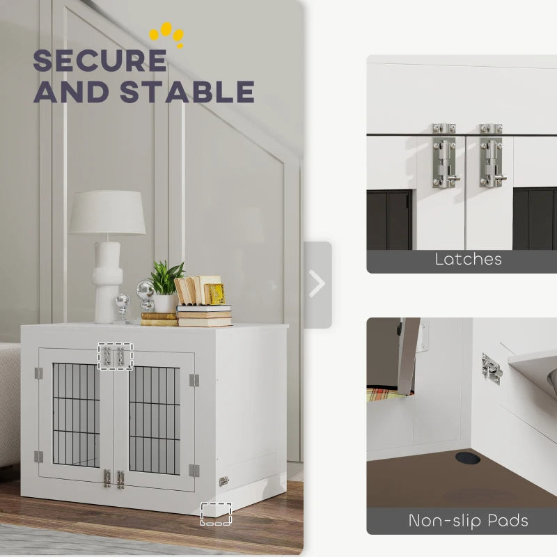 HKM-8720957 White Dog Crate Furniture with Removable Elevated Bowls and Dual Access Doors for Medium Dogs