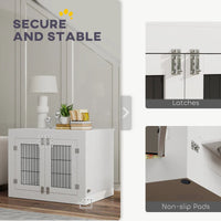 HKM-8720957 White Dog Crate Furniture with Removable Elevated Bowls and Dual Access Doors for Medium Dogs