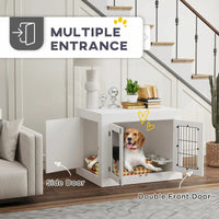 HKM-8720957 White Dog Crate Furniture with Removable Elevated Bowls and Dual Access Doors for Medium Dogs