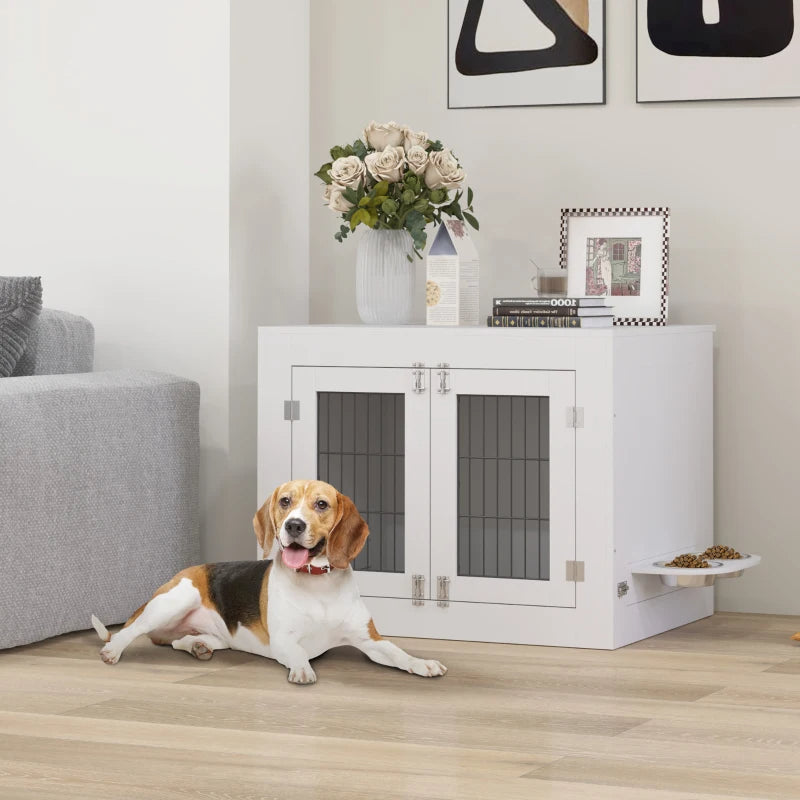 HKM-8720957 White Dog Crate Furniture with Removable Elevated Bowls and Dual Access Doors for Medium Dogs