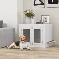 HKM-8720957 White Dog Crate Furniture with Removable Elevated Bowls and Dual Access Doors for Medium Dogs