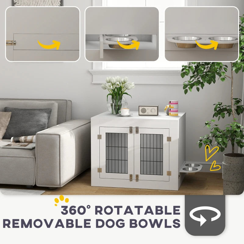 HKM-8720957 White Dog Crate Furniture with Removable Elevated Bowls and Dual Access Doors for Medium Dogs