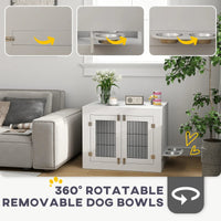HKM-8720957 White Dog Crate Furniture with Removable Elevated Bowls and Dual Access Doors for Medium Dogs