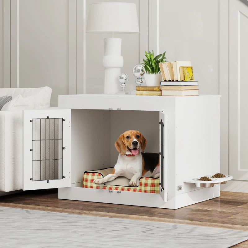 HKM-8720957 White Dog Crate Furniture with Removable Elevated Bowls and Dual Access Doors for Medium Dogs