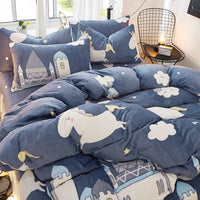 HKM-872339 Flannel Bedding Set of 4 with Cute Floral Patterns - Includes Bed Sheet Cover, Quilt Cover, and Pillowcase