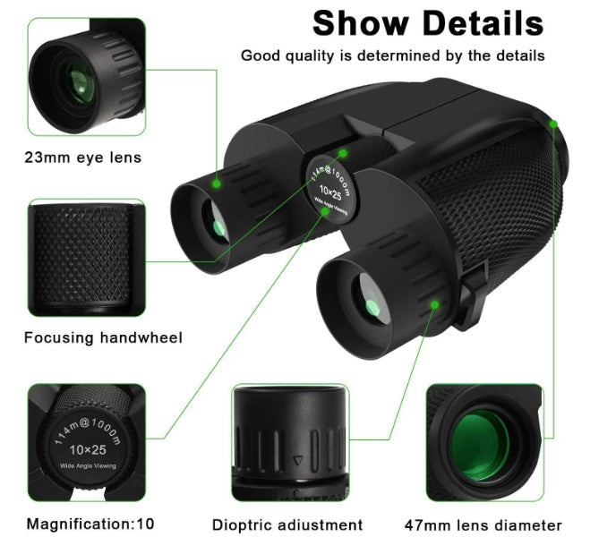 HKM-872403 10x25 High-Definition Mini Portable Outdoor Binoculars with Low-Light Night Vision